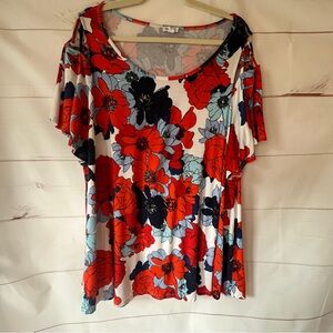 Red & Blue Floral Cold Shoulder Top with splits in sleeves size3X